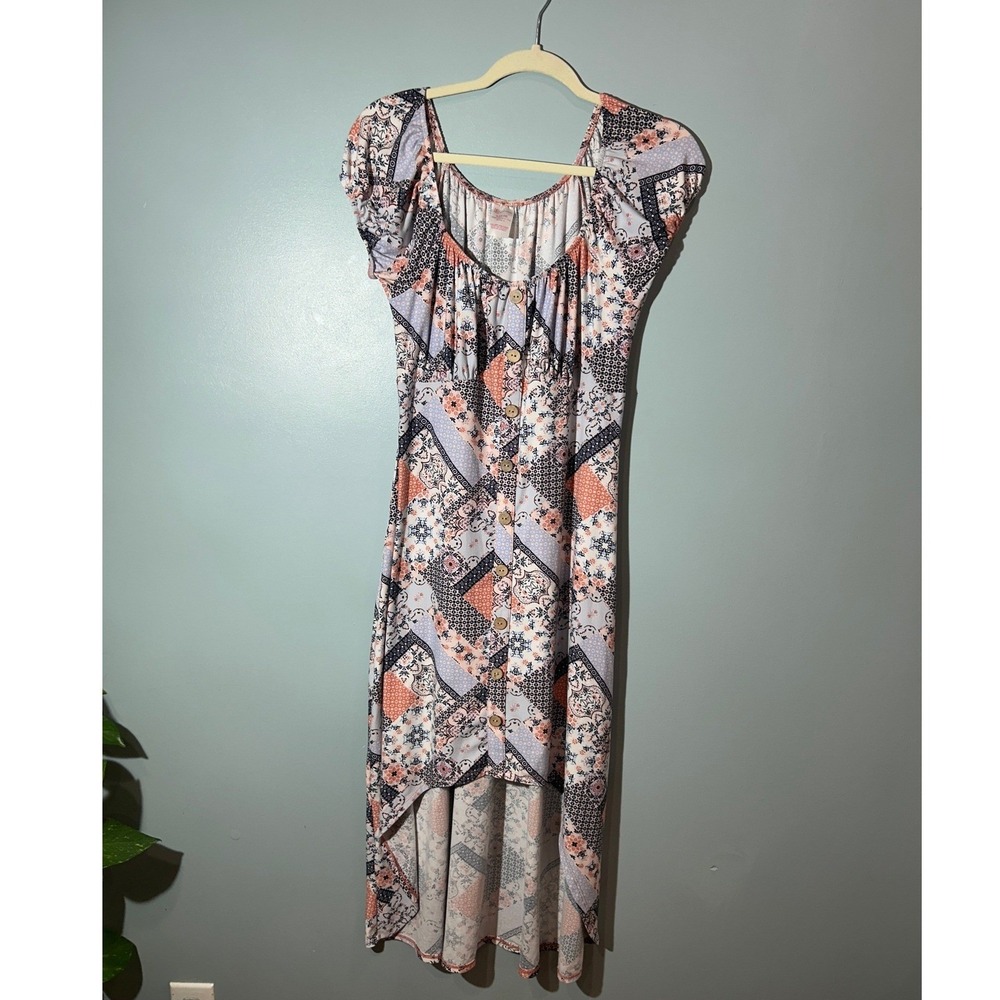 No Boundaries Womens Patchwork Floral Hi-Low Dress Peach Navy Size L 11-13